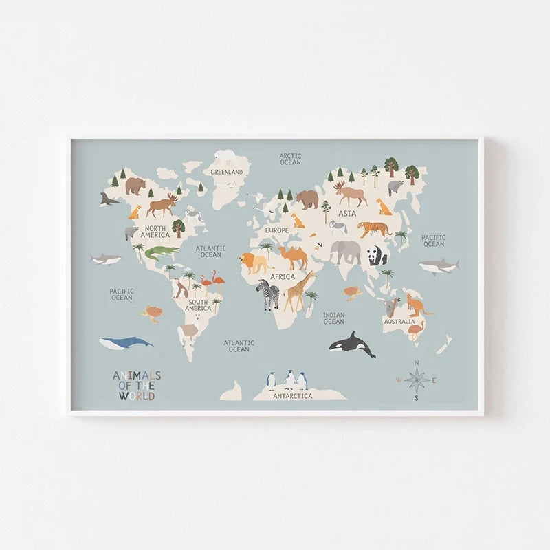 World Map Animal Theme Canvas Print - Just Kidding Store