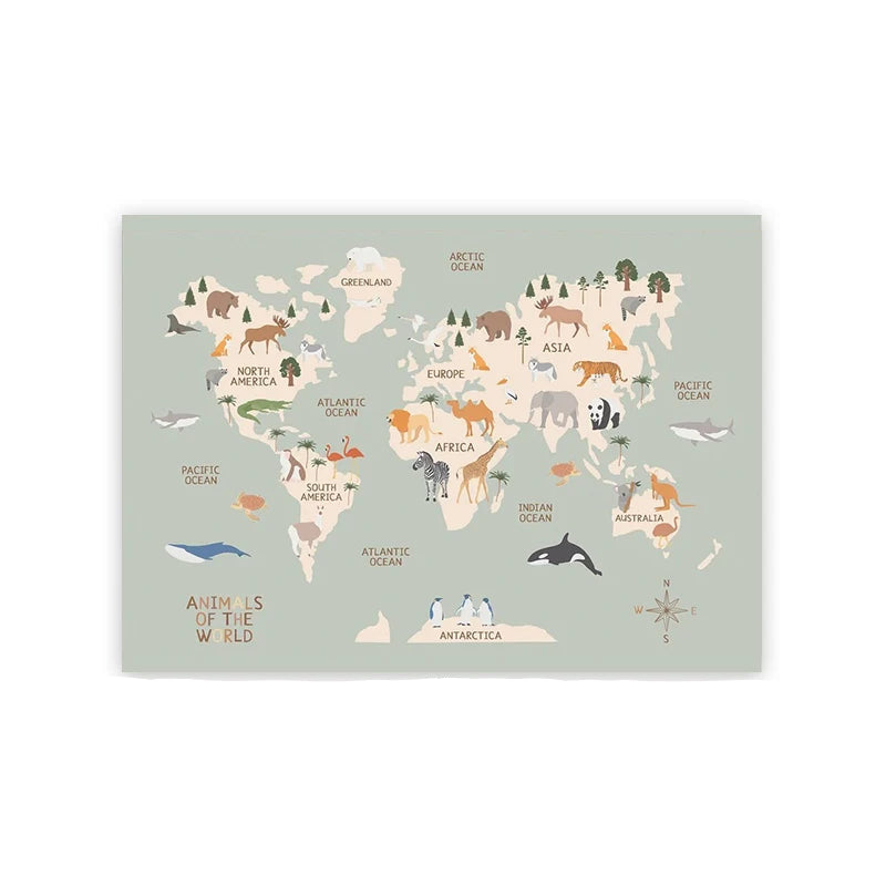 World Map Animal Theme Canvas Print - Just Kidding Store