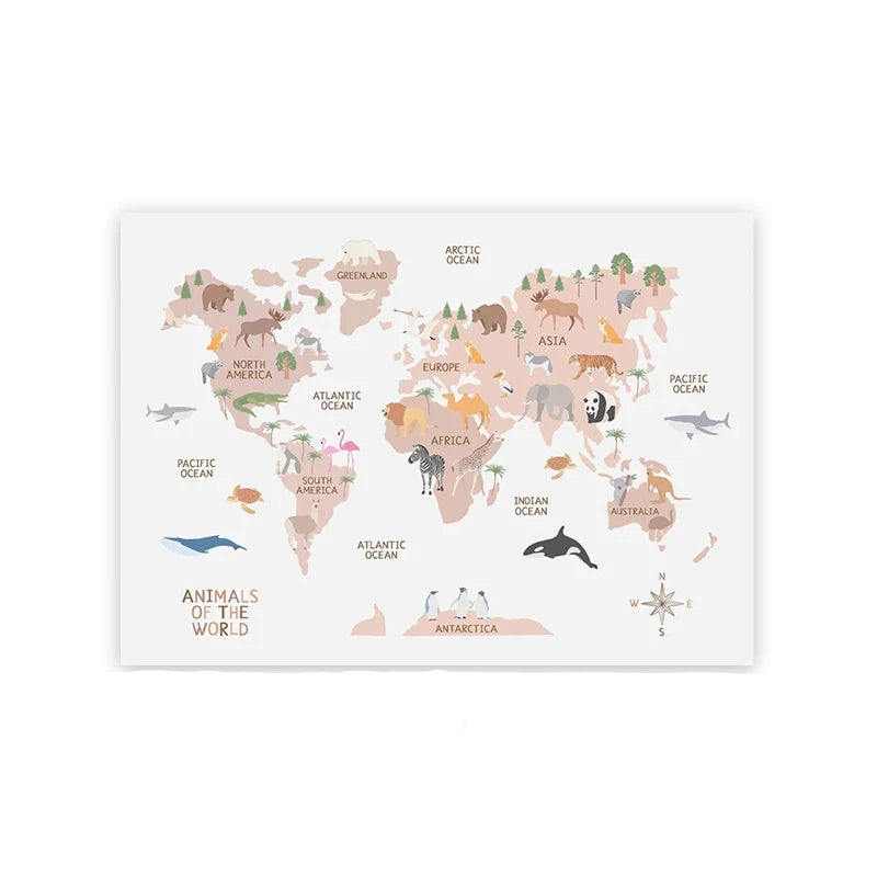 World Map Animal Theme Canvas Print - Just Kidding Store