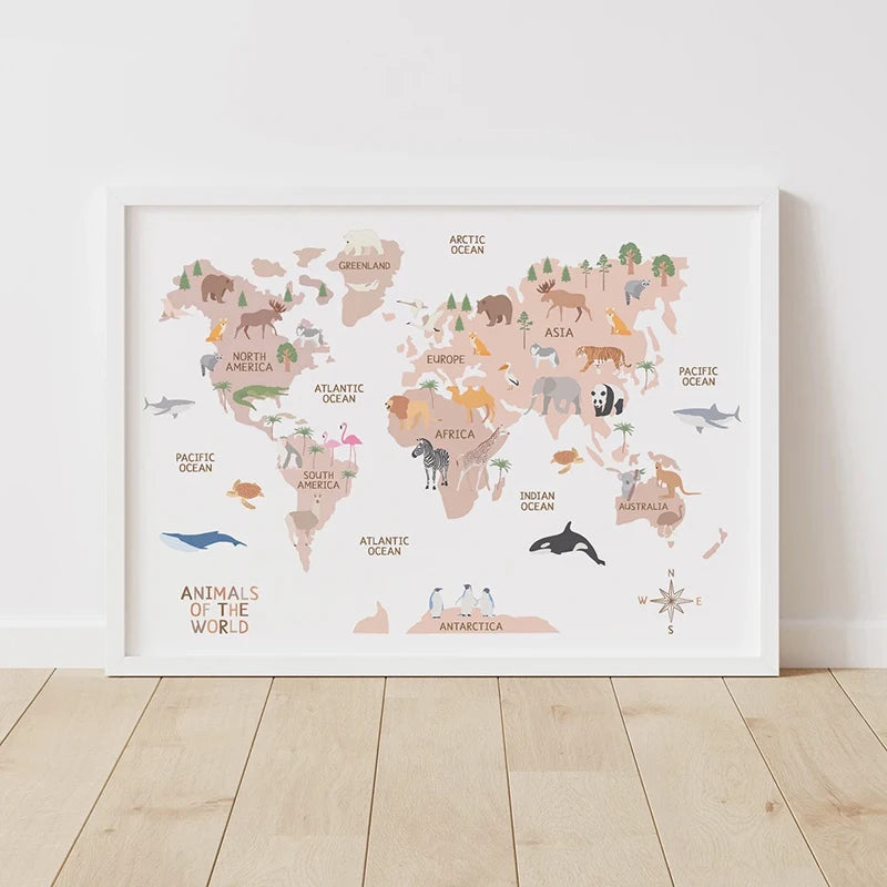 World Map Animal Theme Canvas Print - Just Kidding Store