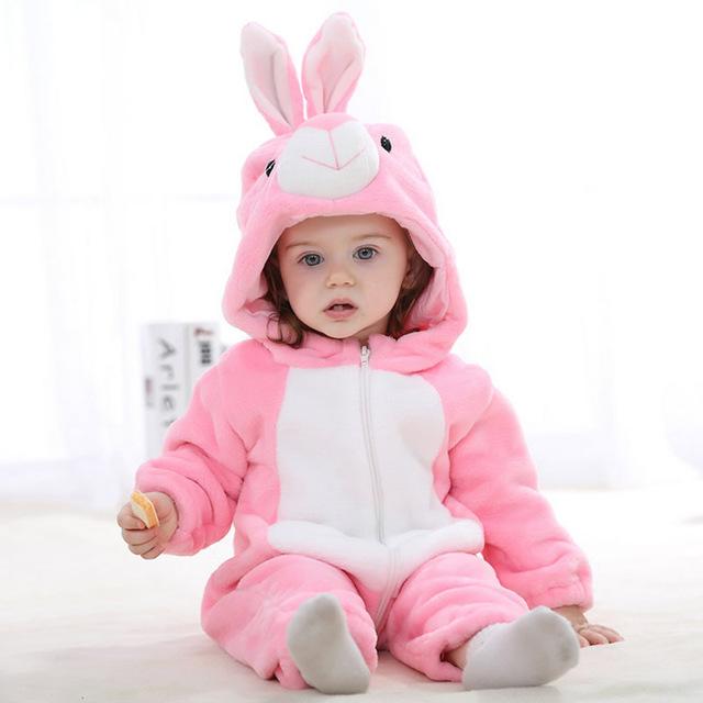 Hooded Flannel Romper Jumpsuit - Pink Rabbit - Just Kidding Store