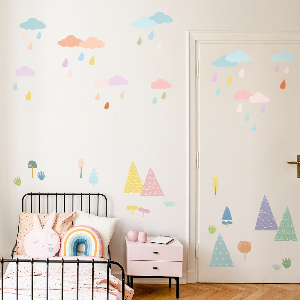 Dreamy Forest Wall Decals - Clouds Raindrops Forest Stickers