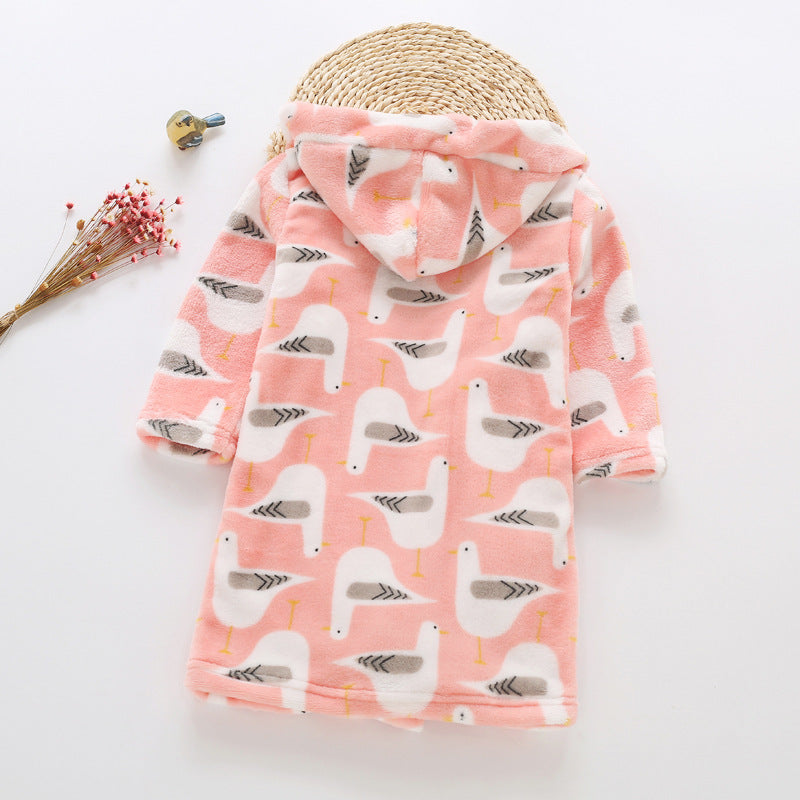 Plush Hooded Bathrobe - Kids Fleece Nightgown - Peach Bird - Just Kidding